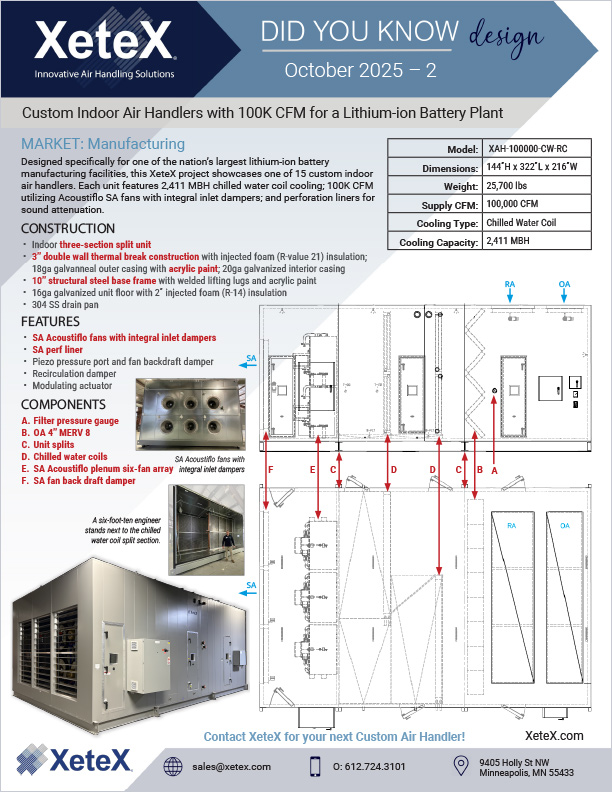 XeteX Custom AHU with 100K CFM for Lithium-ion Battery Plant