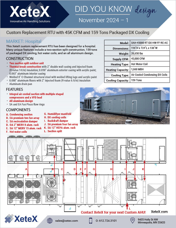 XeteX Custom Replacement RTU with 45K-CFM and 159-Tons Packaged DX Cooling